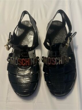 Moschino Black Patent Logo Jelly Sandals